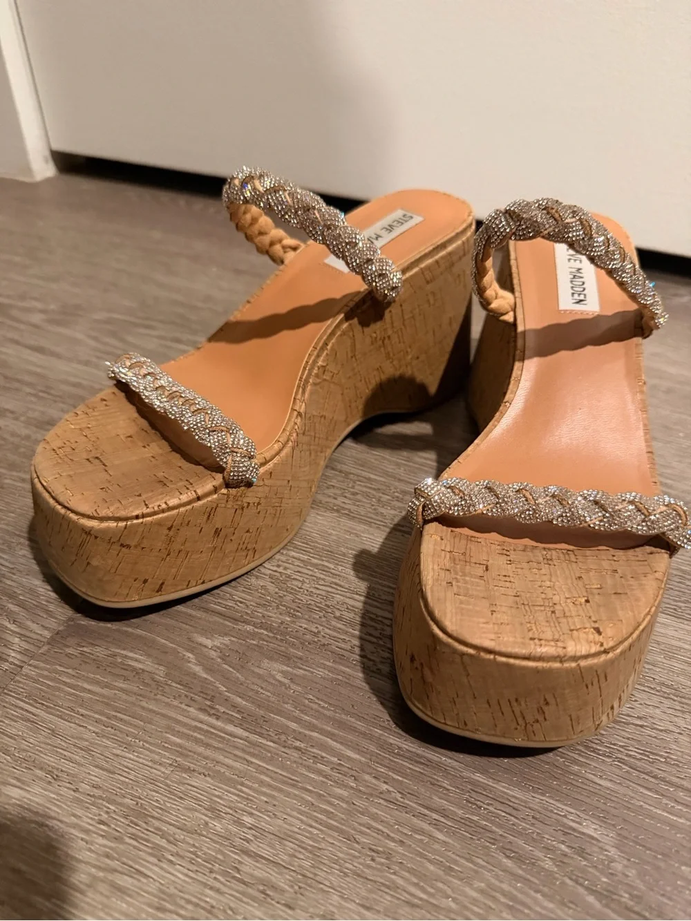 Steve Madden Cork Platform Wedge Sandals with Braided Metallic Straps - Gold